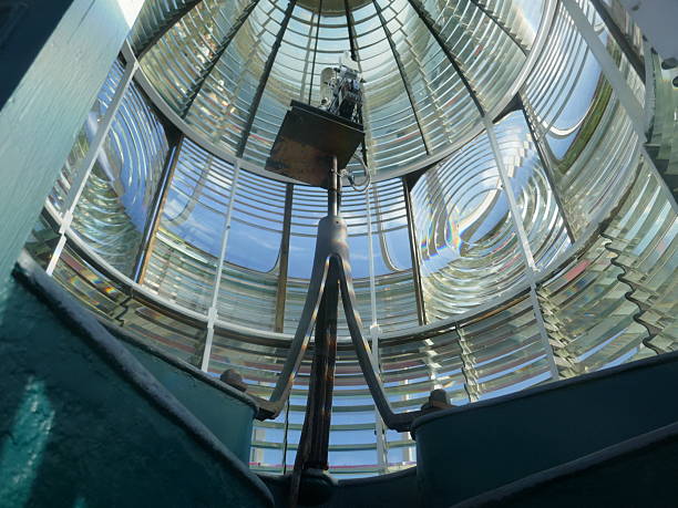 Inside upper view of historic lighthouse Fresnel lenses with lighting element