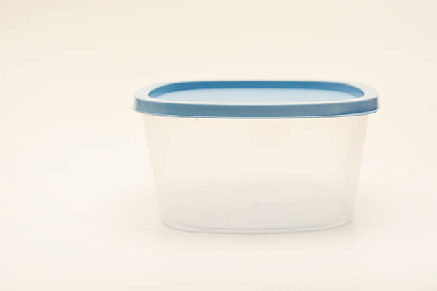 Large containers for food. Three plastic containers with a blue lid for food on a white background.