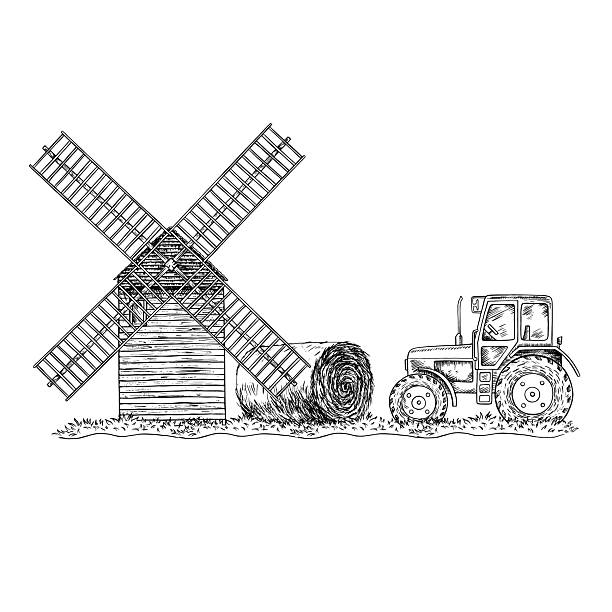 Agricultural landscape. Black and white vector illustration drawn by hand. A mill, a roll of hay, and a tractor. The concept of agricultural machinery. For banner design, label , postcard, and more