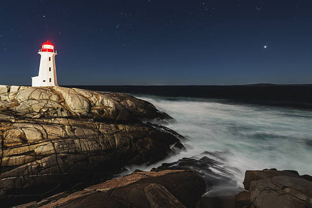 Peggy's Cove Lighthouse in the light of a Full Moon.