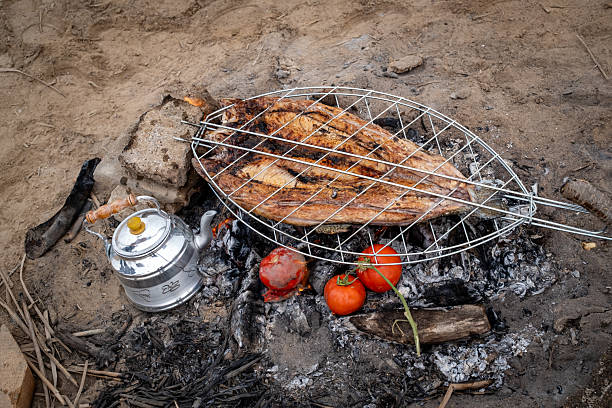 istock Authentic Middle Eastern Camp Cooking: Freshwater Fish, Tomatoes, and Tea Kettle Heating on Open Fire in Arid Enviro 2251899524