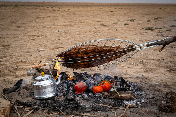 Authentic Middle Eastern Camp Cooking: Freshwater Fish, Tomatoes, and Tea Kettle Heating on Open Fire in Arid Environment