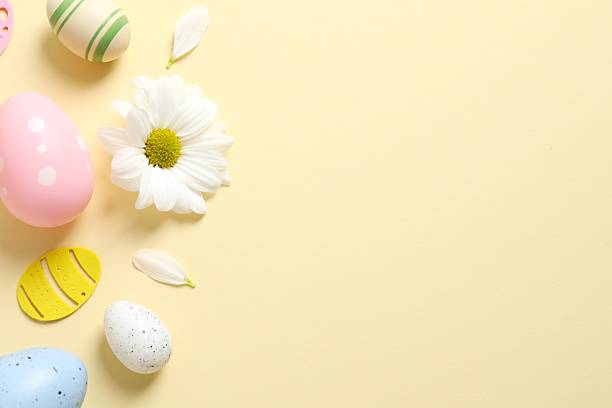 istock Happy Easter. Colorful eggs and white spring flowers on color background, space for text or advertising 2251901690