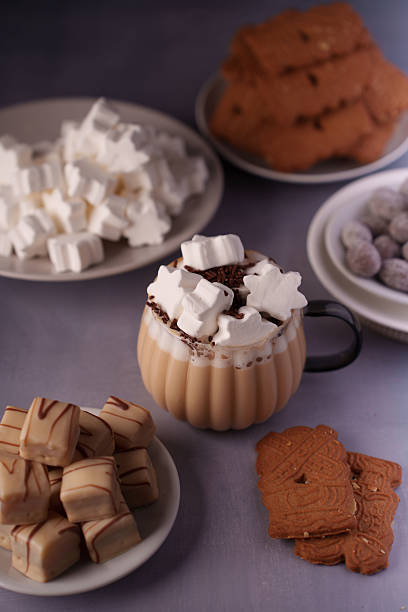 istock cozy autumn treats: mug of cocoa with marshmallows, chocolate sprinkles, assorted biscuits, and confections on lavender surface for a delightful snack, festive, tasty, edible, crispy, baked 2251903324
