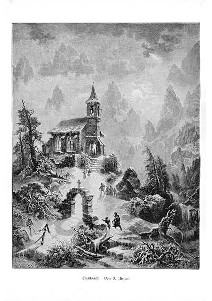 Authentic historical reproduction of a winter landscape with people walking toward a small church on Christmas Eve, dating back to 1890