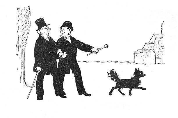 Humorous black and white cartoon showing two men in formal period attire walking together and conversing, accompanied by their small dog.
