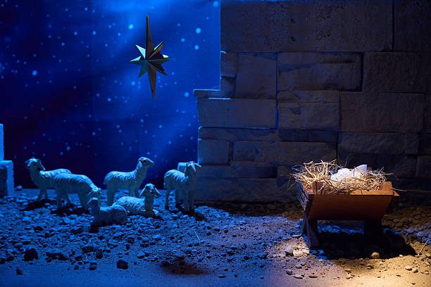 A serene nativity scene with animals under a starry sky and a bright star.