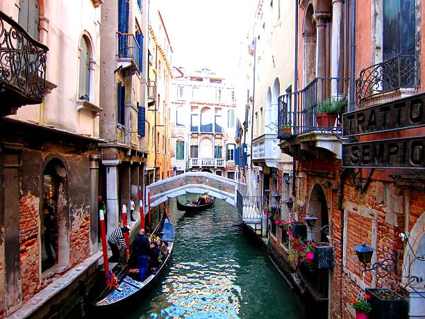 Classic narrow canals lined with historic buildings, gondolas, and a small pedestrian bridge in Venice, Italy