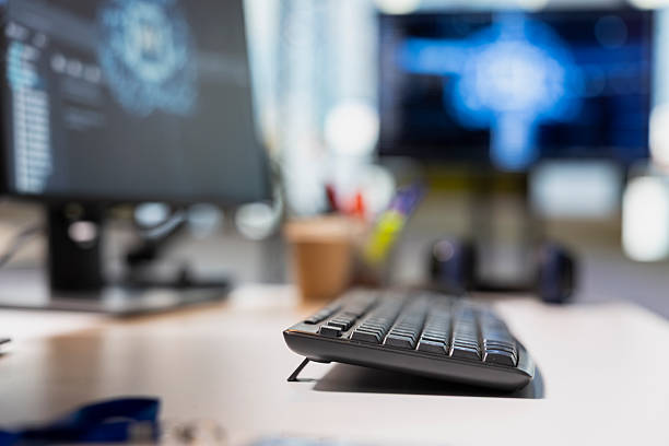 istock Close up of keyboard in AI startup office used by programmers 2251912704