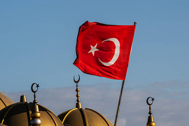 Closeup view of Turkish Flags Over Blue Sky