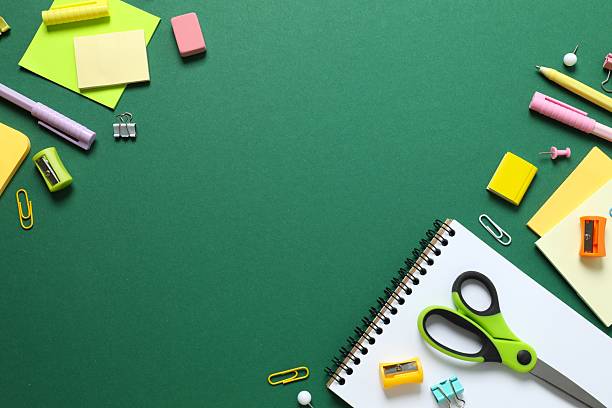 istock Various colorful school supplies with notebook placed neatly on color background 2251919290