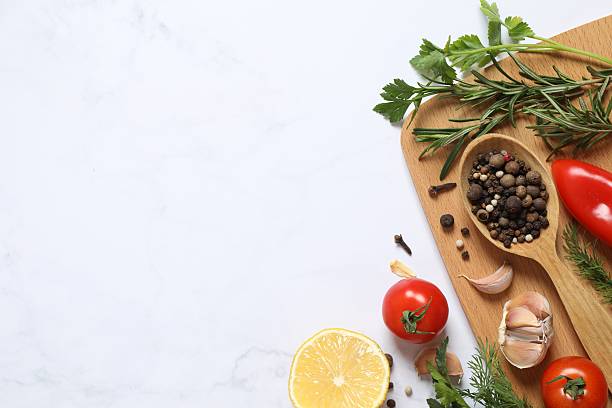 istock Fresh vegetables with herbs and spices, top view 2251923299