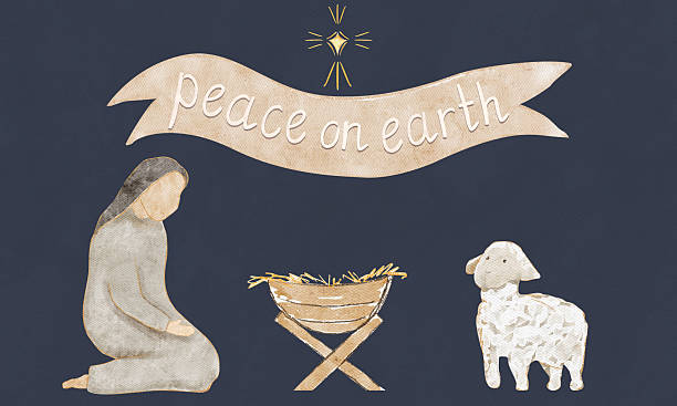 Watercolor nativity scene with Mary kneeling beside a manger, white lamb, framed by a banner reading Peace on earth, star, perfect for Christmas cards, devotionals, and seasonal decor. Horizontal on blue background.