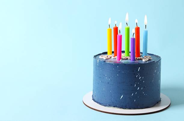istock Birthday cake with candles on blue background 2251923710