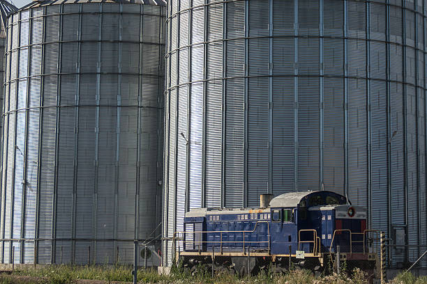 A train is parked in front of a large silo. The train is blue and has the letters \
