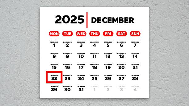 The date December 22nd marked with a red cursor on the wall calendar 2025
