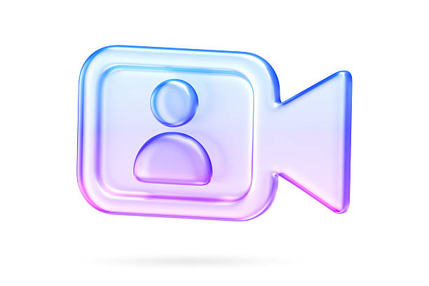 Translucent glass style video camera icon with soft blue and purple gradients. Designed in minimal glassmorphism style for modern UI and UX interfaces, suitable for media, streaming