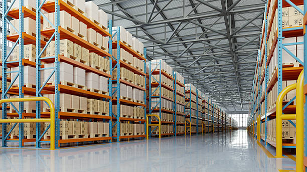 istock Modern warehouse interior with tall storage racks filled with cardboard boxes. Clean industrial space designed for logistics, inventory management, distribution center, and supply chain operations- 3D rendering 2251929645