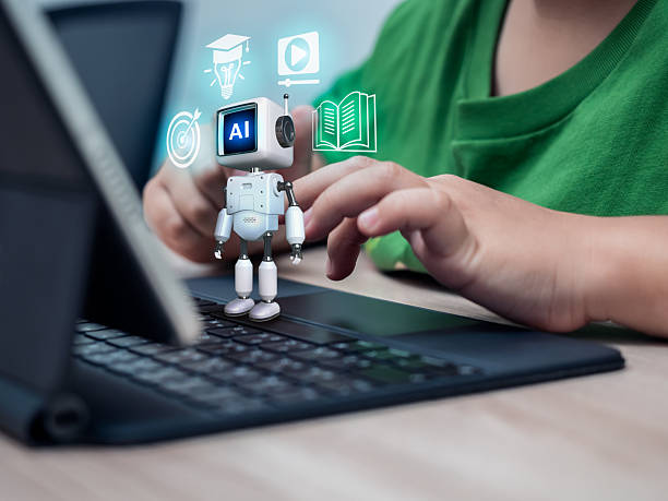istock Little child learning online with virtual 3d cute robot assistant on tablet keyboard with smart education icons. Digital learning, home school, and AI technology in modern classrooms concept. 2251937023