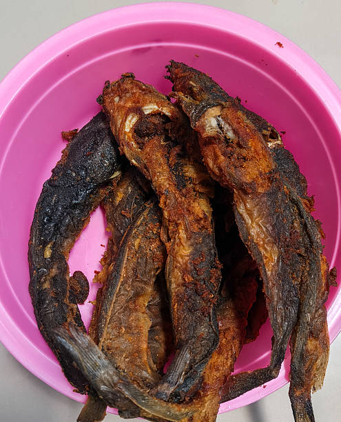 Fried catfish in a basin
