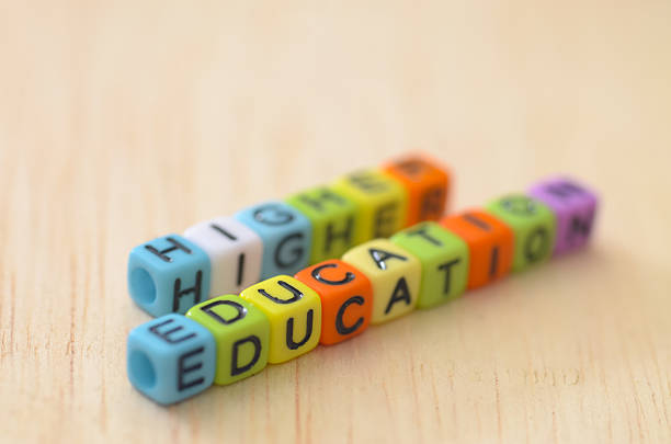 HIGHER EDUCATION Spelled in Cubic Beads on Natural Wood: A Conceptual Flat Lay for Learning and Career Paths.