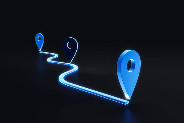 istock Glowing blue path with navigation pins on dark background representing route planning and travel direction concept. 3D Rendering. 3D Rendering 2251941497