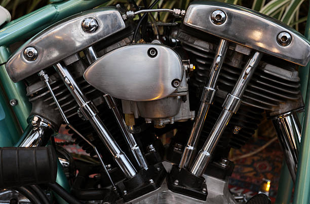 Close-up of a Harley Davidson motorcycle Twin Cam 103 engine in St Catharines, Ontario, Canada on a sunny day.