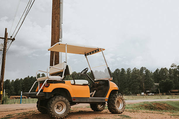 Cloudy day, an image of an orange golf cart sitting on the edge of a field and trees.