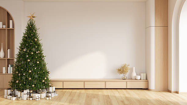 istock Living Room Interior with Christmas Tree Background, Christmas Interior Mockup with Copy Space Wall .wood tv cabinet..3D render 2251947290