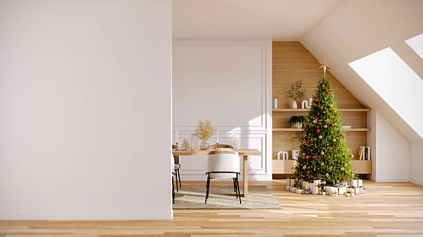 istock Empty Blank white wall mockup in  modern minimal dinning room,wooden table and  modern chair and Christmas tree.New year celebration concept.3d render 2251947313