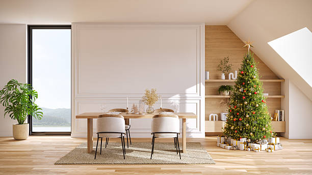 istock Festive dinner table setup with candles and plates in modern scandinavian interior home, wooden table and  modern chair and Christmas tree ,New year celebration concept.3drender 2251947317