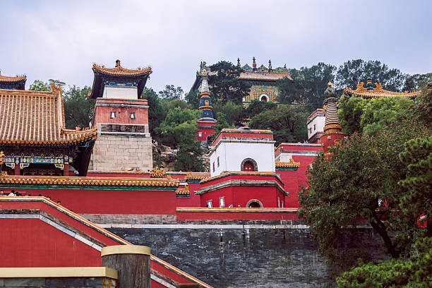 Beijing, China - October 5, 2025: Imperial Summer Palace buildings with yellow tiled roofs, red walls, layered terraces and traditional towers set against cloudy sky, Beijing, China
