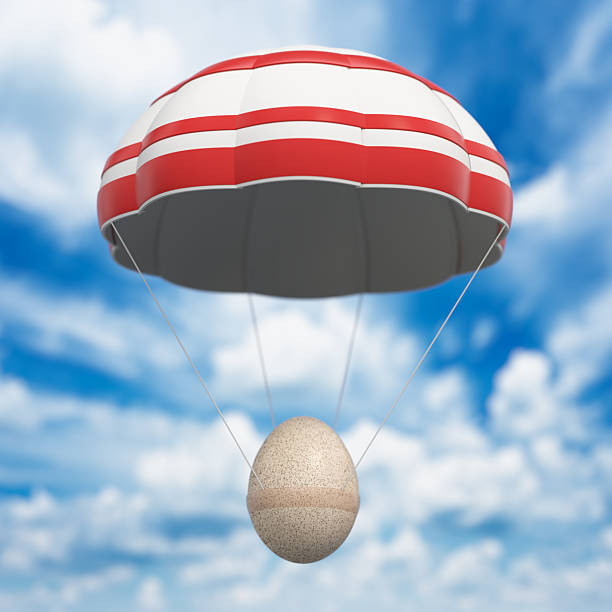 A parachute with red and white stripes is floating in a blue sky, lowering a large egg gently. Fluffy clouds can be seen in the background. It is daytime. Protection concept.