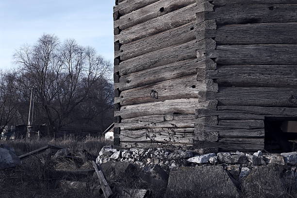 Russia, Voronezh Region, November 26, 2025 Frame of a 19th-century mill. Assembled from logs using special Lapa or Dovetail locks, without a single nail