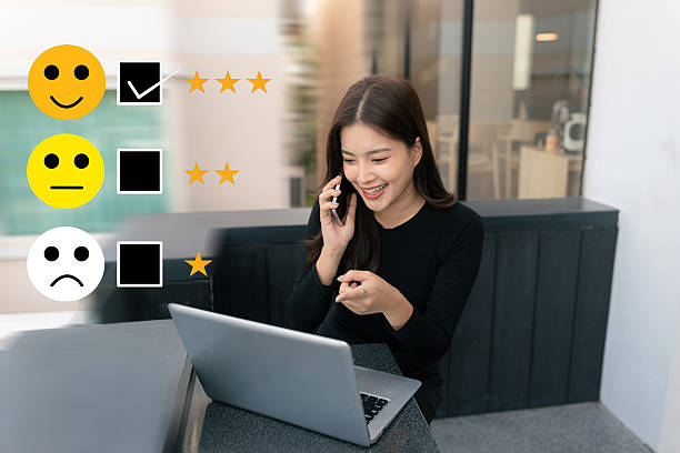 istock Happy Client customer experience concept. Woman recording phone inquiry with checkboxes, smiling face rating excellent for satisfaction survey. 2251956976