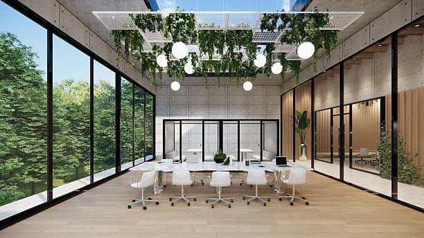 istock Modern Open Plan Office Space With Tables, Office Chairs, Creeper Plants And Manager Room. 2251957392