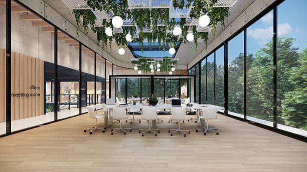 istock Modern Open Plan Office Space With Tables, Office Chairs, Creeper Plants And Manager Room. 2251957393