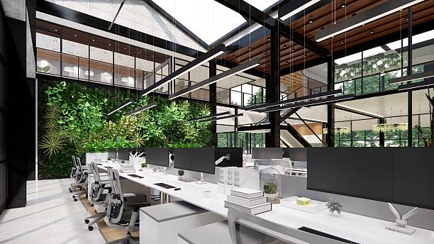 istock Modern Open Plan Office Space With Tables, Office Chairs, Creeper Plants And Manager Room. 2251957545