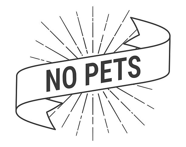 No Pets. Banner, ribbon, label with a thin black outline and light rays. Trendy black and white illustration isolated on a blank background for your own design. Vector Illustration (EPS file, well layered and grouped). Easy to edit, manipulate, resize or colorize. Vector and Jpeg file of different sizes.