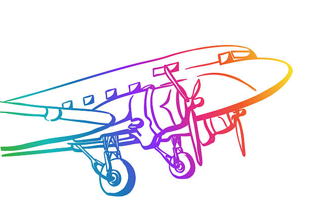Hand-drawn llustration of a vintage propeller aircraft with landing gear extended, isolated on a white background.