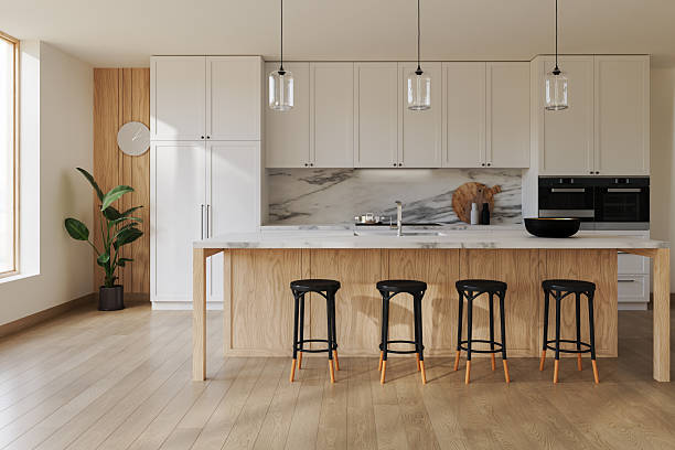 istock Empty modern kitchen with large island, marble backsplash, and bar stools. Minimalist design ideal for appliances, cooking, or design presentations. 3d Rendering 2251968651