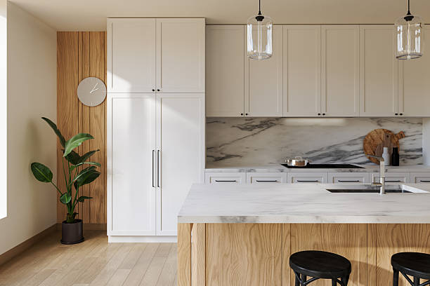 istock Close-up of empty modern kitchen with white cabinets and marble island, backsplash. Ideal clean background space for product mockups and design detail. 3d Rendering 2251968659
