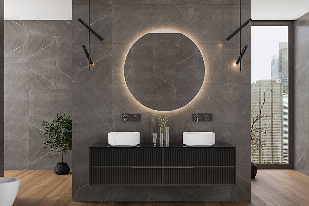istock Modern luxury bathroom, dark marble background walls, indoor plants front view. Mock up. 3d rendering 2251968928