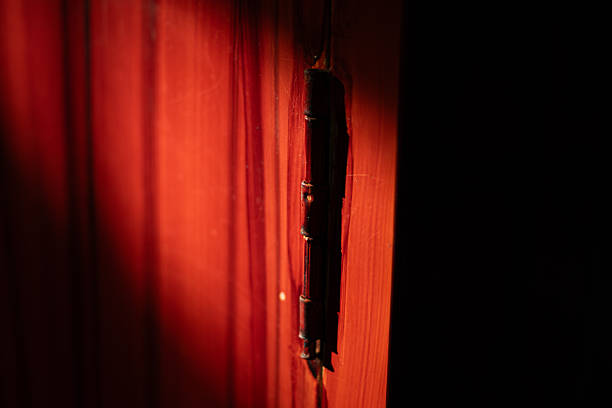 Detail shot of an antique or damaged metal hinge on a vertical plank of wood painted deep red. Strong sidelight creates contrast and emphasizes the texture of rust and wood grain