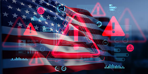 istock Cybersecurity threat concept with warning symbols and data holograms over American flag background representing digital danger in national systems. 3D Rendering 2251980233
