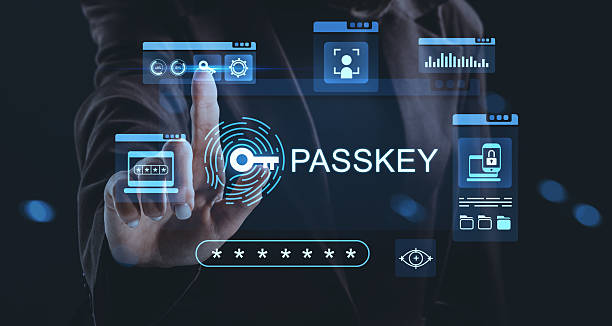 istock Futuristic passkey access concept with holographic security interface and biometric verification icons on dark tech background. 2251980553