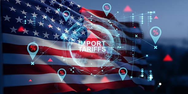 istock Digital concept of import tariffs with holographic globe and data symbols over American flag background representing global trade regulations. 3D Rendering 2251980856