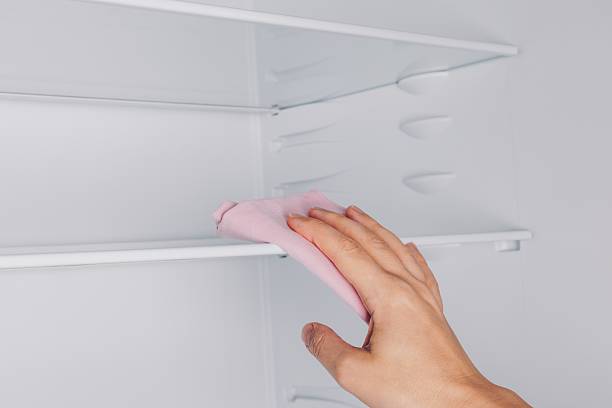 istock A Hand Wiping Clean Shelves Inside a Refrigerator with a Pink Cloth, Demonstrating Effective Cleaning Techniques for Household Appliances 2251982377