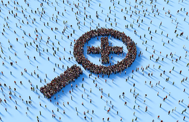 istock Human Crowd Forming Magnifier Symbol On Blue Background 2251984246