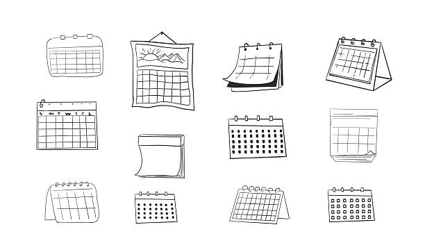 Calendar set doodle grid icon, hand drawn sketch. Hanging line schedule planner. Reminder and calendar with a check. Vector illustration